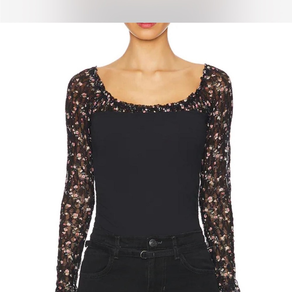 Free People Josie Floral Mesh Black Long Sleeve Women's Top Size XL